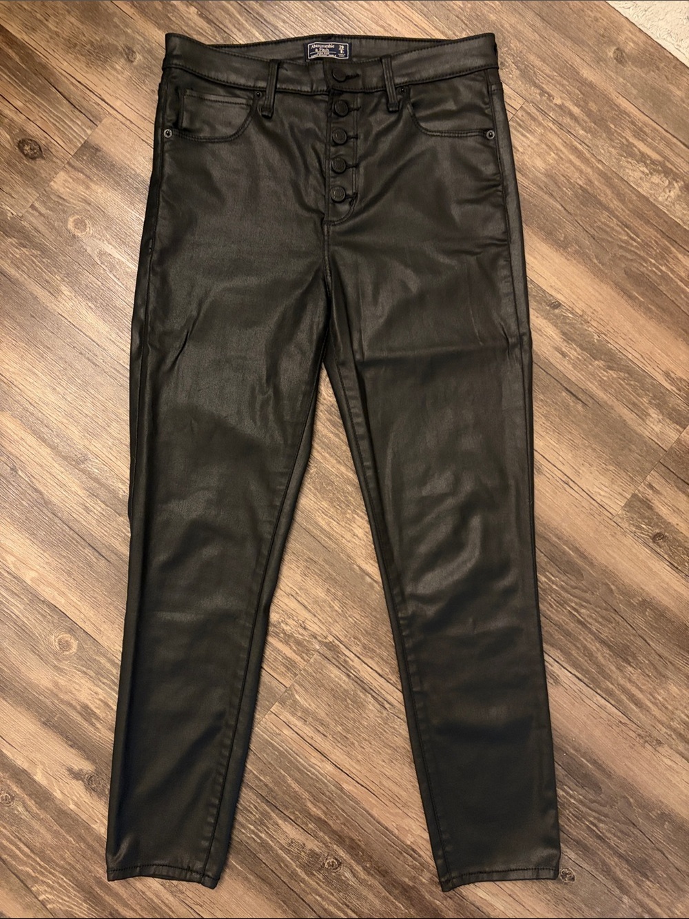 Women's Black Faux Leather Button-Front Jeans